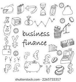 Juego de doodles financieros dibujados a mano. Ilustración vectorial.