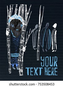 hand drawn fine art vector with stylized humans, trees and place for your text. for book illustration, decoration for interior, poster for office, textile and other prints