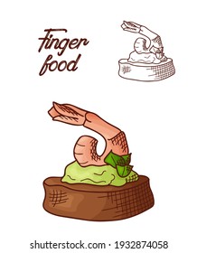 Hand drawn finger food element. Appetizers served in sketch style. Bruschetta in isolated white background. Vector illustration.