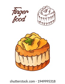 Hand drawn finger food element. Appetizers served in sketch style. Bruschetta in isolated white background. Vector illustration.