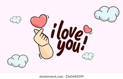 Hand drawn finger heart illustration with text decorated. Beautiful background with clouds