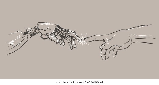 Hand drawn finger of robot and human hands touching with fingers, Virtual Reality or Artificial Intelligence Technology Concept sketch science concept vector illustration.