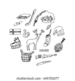 Hand drawn Finland travel collection of icons Vector isolated illustration on white background doodle sketch 