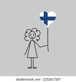 hand drawn finnish girl, love Finland sketch, curly girl with a heart shaped balloon, black line vector illustration