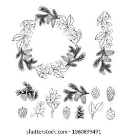 Hand drawn fir with cone, mistletoe and holly frame and divider. Christmas holiday floral coniferous wreath and pine, cedar branches for decoration. Vector isolated xmas design elements.