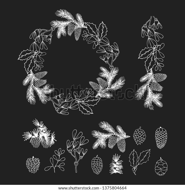 Hand drawn fir with cone, mistletoe and holly\
frame and divider. Christmas holiday coniferous wreath and pine,\
cedar branches for decoration. Vector isolated xmas design floral\
elements.