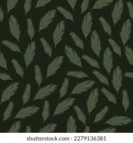Hand drawn fir tree branch seamless pattern, flat vector illustration on dark green background. Evergreen tree twig pattern. Great for wrapping paper and textile decoration.