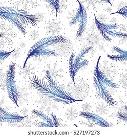 Hand drawn fir tree branches and snowflakes seamless pattern. Winter xmas shiny illustration. New Year vector background.