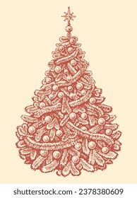 Hand drawn fir tree decorated with tinsel and balls in vintage style. Merry Christmas and Happy New Year