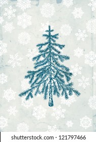 Hand- drawn fir tree on grunge background with falling snow