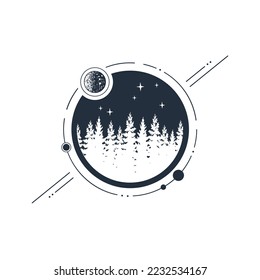 Hand drawn fir trees forest textured vector illustration. Double exposure with planets and comets around. Geometric style.