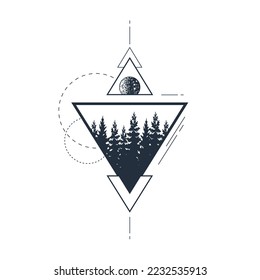 Hand drawn fir trees forest textured vector illustration. Double exposure with planets, circles and triangles around. Geometric style.