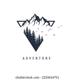 Hand drawn fir trees and mountains textured vector illustrations. Double exposure with pine forest, mountains and birds in a triangle with "Adventure" lettering. Geometric style.