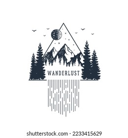 Hand drawn fir trees and mountains textured vector illustrations. Double exposure with pine forest, mountains and waterfall in a triangle with "Wanderlust" lettering. Geometric style.