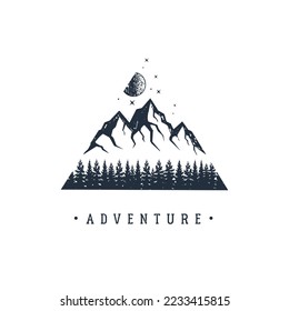 Hand drawn fir trees and mountains textured vector illustrations. Double exposure with pine forest, mountains and moon in a triangle with "Adventure" lettering. Geometric style.