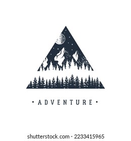 Hand drawn fir trees and mountains textured vector illustrations. Double exposure with pine forest, mountains and moon in a triangle with "Adventure" lettering. Geometric style.