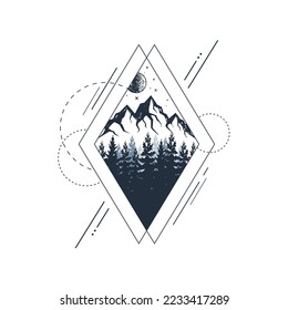 Hand drawn fir trees and mountains textured vector illustrations. Double exposure with pine forest, mountain range and moon in a rhombus. Geometric style.