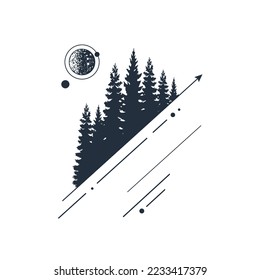 Hand drawn fir trees textured vector illustrations. Double exposure with pine forest, moon, and arrows and lines around. Geometric style.