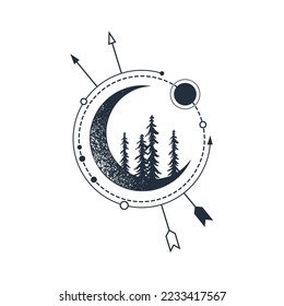 Hand drawn fir trees textured vector illustrations. Double exposure with crescent moon, and arrows and circles around. Geometric style.