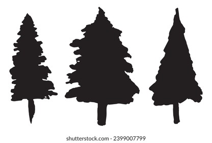 Árboles de abetos dibujados a mano, ilustración vectorial. Silhouettes de árbol. Aislado sobre un fondo blanco. Tinta negra y bocetos de pincel. Adecuado para tarjetas de felicitación, afiches, volantes.