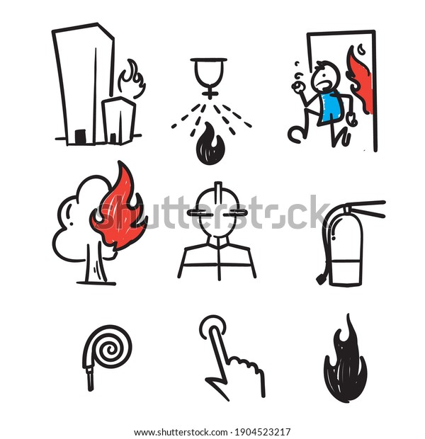 hand drawn Fire and firefighting related icon set\
in doodle style