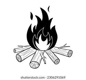 Hand drawn fire and firewood black and white icon. Camping vector sketch