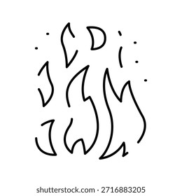 Dibujado a mano de la llama de fuego doodle de contorno que representa calor, energía, peligro, fogata y temas de hoguera, bosquejo de línea negra mínima sobre fondo blanco para el uso de iconos o símbolos