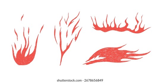 Jogo de chama de fogo desenhado à mão. Hot crayon chama formas em estilo cartoon. Grunge ícones grafitti para tatuagem, adesivos de punk rock, esboço. Elementos de pincel de giz vermelho funky. Ilustração isolada do vetor de rabiscar.
