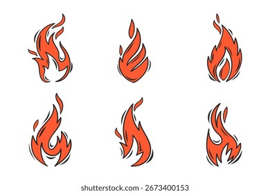 Conjunto de vetor de chama de fogo desenhado à mão