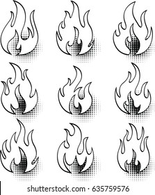 Hand drawn of fire flames on halftone background, vector illustration