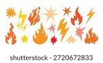 Hand drawn fire flames and stars. Orange and yellow elements set.