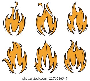 Hand drawn fire icons. Fire Flames Icons Vector. Hand Drawn Doodle Sketch Fire, Black and White Drawing. Simple fire symbol.