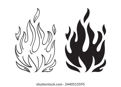 Hand drawn fire icons. Fire Flames Icons Vector Set. Hand Drawn Doodle Sketch Fire, Black and White Drawing. Simple fire symbol.