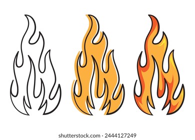 Hand drawn fire icons. Fire Flames Icons Vector Set. Hand Drawn Doodle Sketch Fire, Black and White Drawing. Simple fire symbol.