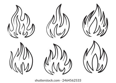 Iconos dibujados a mano. Juego de Vectores Fire Flames Icons. Dibujado a mano Doodle Sketch Fire, dibujo en blanco y negro. Simple símbolo de fuego.