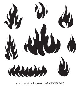 Hand drawn fire icons. Fire Flames Icons Vector Set. Hand Drawn Doodle Sketch Fire, Black and White Drawing. Simple fire symbol.