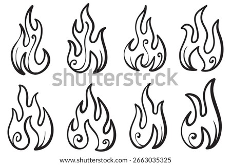 Hand drawn fire icons. Fire Flames Icons Vector Set. Hand Drawn Doodle Sketch Fire, Black and White Drawing. Simple fire symbol.