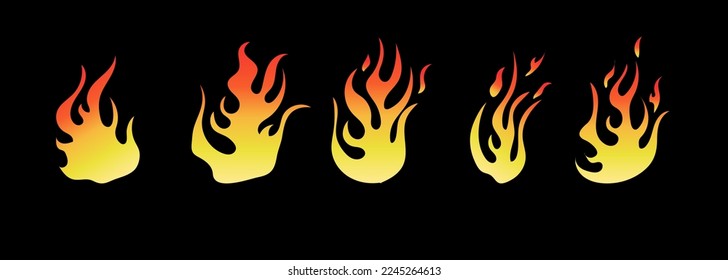 Hand drawn fire illustration on black background for element design. silhouette of flames in set.