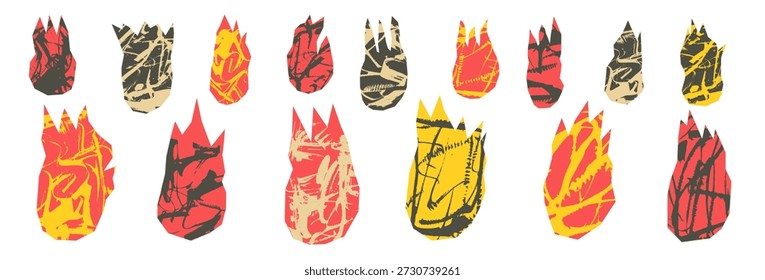 Ícones de recortes de papel de fogo desenhados à mão com textura de tinta. Conjunto de ilustrações de vetor de chamas Doodle com texturas grunge ásperas. Elementos de colagem para designs em negrito. Elementos da fogueira do livro de recortes isolados.