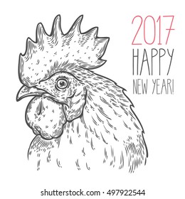 Hand drawn fire rooster cock head vector illustration. Farm animals, Vintage engraving style. Sketch chicken portrait isolated on white background. Symbol of new year 2017