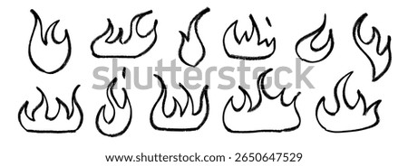 Hand drawn fire shapes set. Crayon sketched burning flames collection. Black chalk grunge elements pack. Pastel pencil doodle bundle for collage, sticker, poster, banner. Vector illustration