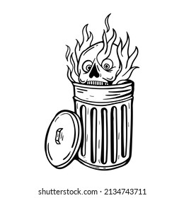 hand drawn fire skull in the trash can doodle illustration for tattoo stickers etc premium vector