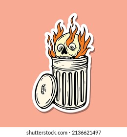 hand drawn fire skull in the trash can doodle illustration for tattoo stickers etc premium vector