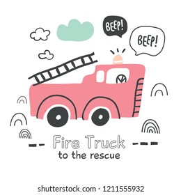 Hand drawn fire truck illustration in scandinavian style isolated on white. Perfect for t-shirt print design and textile