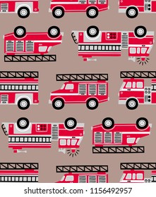 Hand drawn fire trucks seamless vector pattern on beige background.