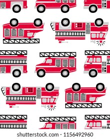 Hand drawn fire trucks seamless vector pattern on white background.