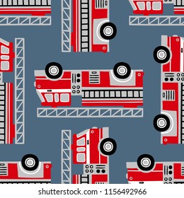 Hand drawn fire trucks seamless vector pattern on blue background.