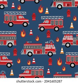 Hand drawn fire trucks seamless vector pattern on dark blue background.
