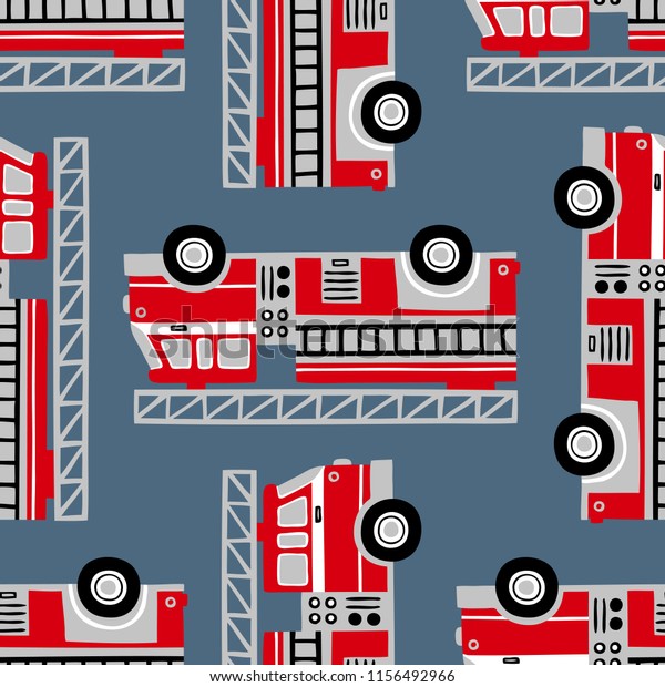 Hand drawn fire trucks seamless vector\
pattern on blue\
background.