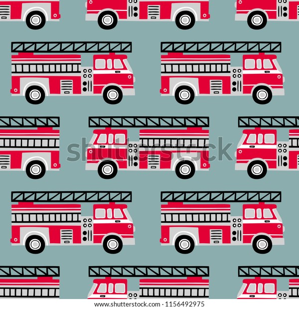 Hand drawn fire trucks seamless vector\
pattern on light blue\
background.